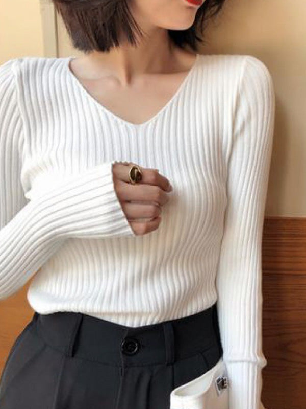 Casual Skinny Long Sleeves Solid Color V-Neck Pullovers