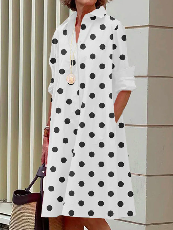 Vintage Long Sleeves Polka Dot Lapel Midi Dresses