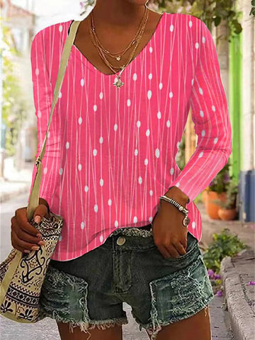 Printed Long Sleeves Loose V-Neck T-Shirts