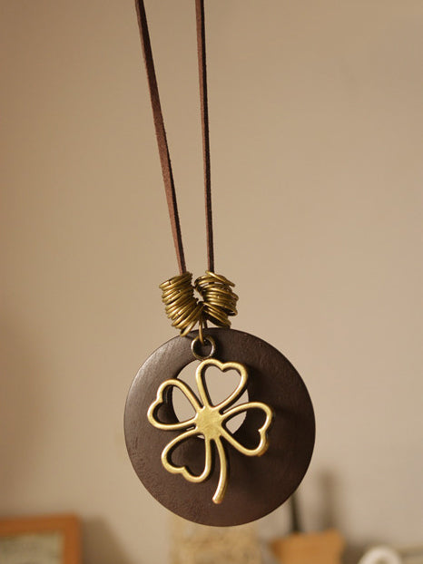 Vintage Wood Four Leaf Clover Necklace