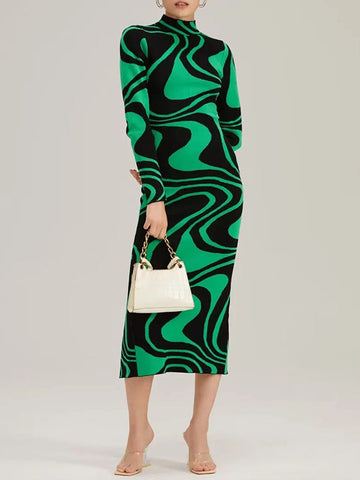 Contrast Color Printed Split-Back Split-Joint Zipper Long Sleeves Skinny High Neck Midi Dresses