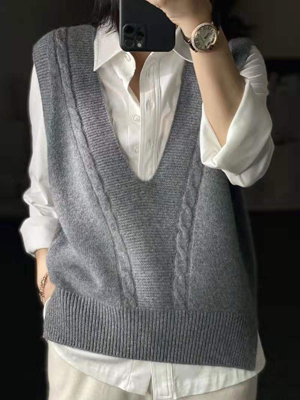 Casual Loose Knitting Sleeveless Solid Color V-Neck Vest Top