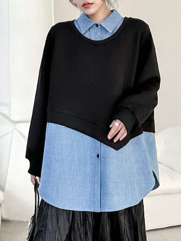 Asymmetric Buttoned Contrast Color Split-Joint False Two Long Sleeves Lapel Sweatshirt Tops