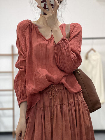 Pleated Solid Color Long Sleeves Loose V-neck Blouses&shirts Tops