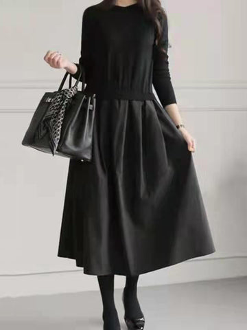 Pleated Split-Joint A-Line Long Sleeves Round-Neck Midi Dresses