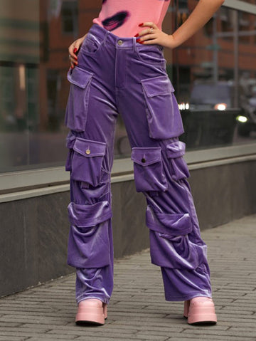 No Belt Pockets Solid Color High Waisted Loose Trousers Pants