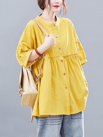 Artistic Retro Loose Half Sleeves Pleated Falbala Split-Joint Solid Color Blouses