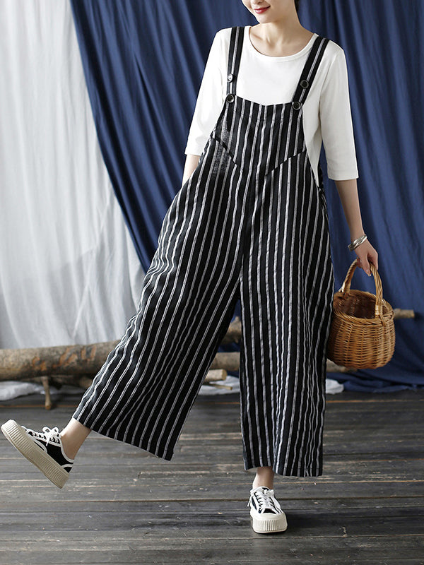 Casual Contrast Color Striped Wide Leg Overalls