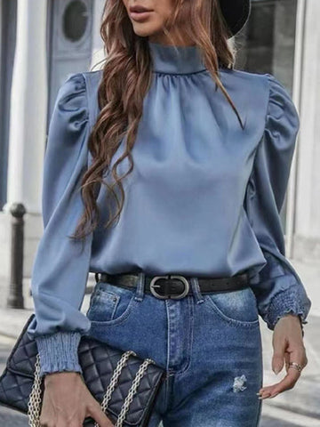 Elasticity Hollow Pleated Split-Joint Roomy Puff Sleeves Stand Collar Blouses