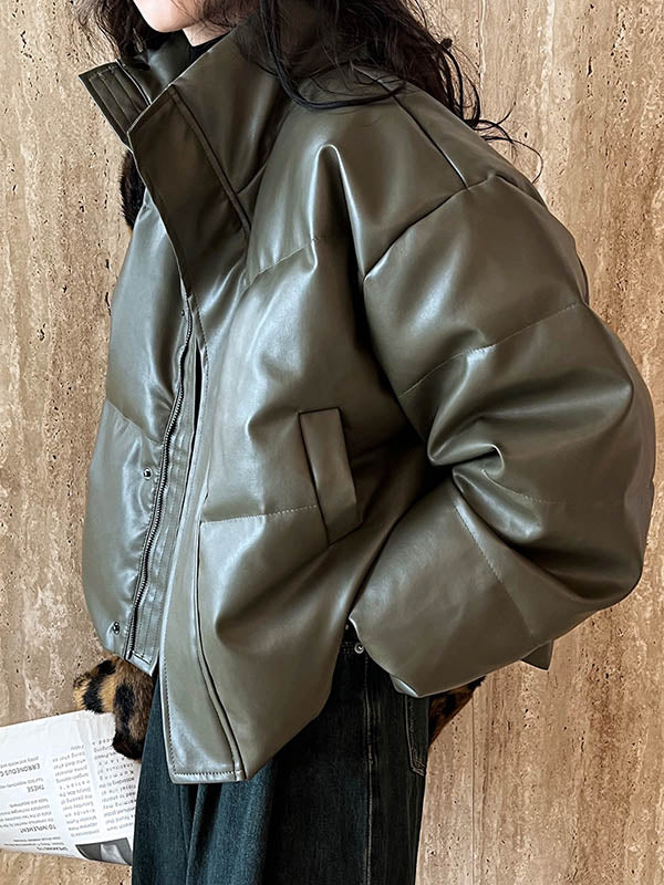 Split-Joint Zipper Loose Puff Sleeves Stand Collar Down Coat