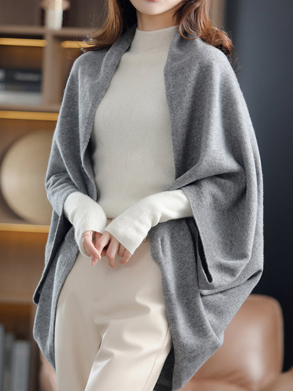 Urban Wool Loose Solid Color Batwing Sleeves Cape Cardigan Tops