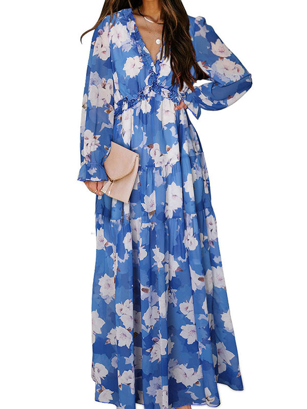 Flower Print Pleated Ruffled High Waisted Long Sleeves V-neck Maxi Dresses