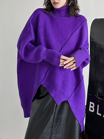 Asymmetric Solid Color Batwing Sleeves Long Sleeves High Neck Sweater Tops Pullovers