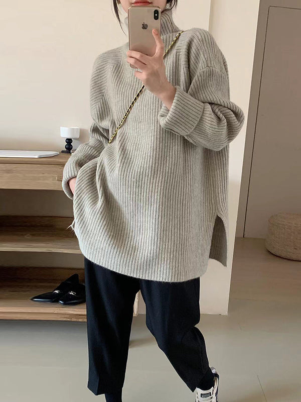 Solid Color Split-Joint Split-Side Long Sleeves Loose High Neck Sweater