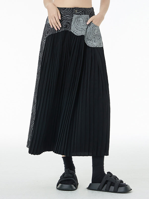 Wide Leg Ninth Pants High-Waisted Contrast Color Pleated Split-Joint Ninth Pants