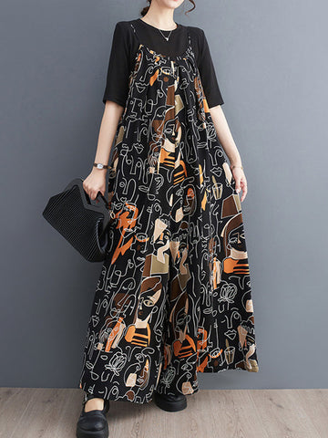 Figure Printed Loose Wide Leg Spaghetti-Neck Overalls