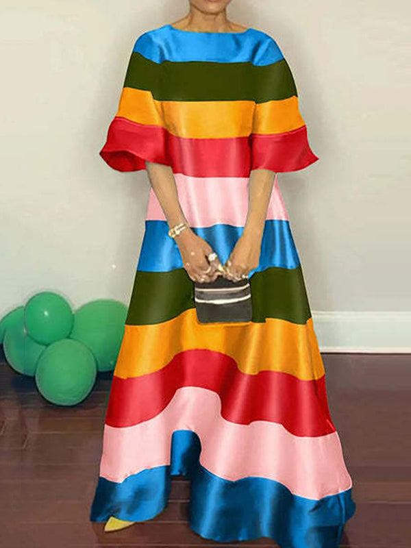 Backless Contrast Color Multi-Colored Striped Flared Sleeves Half Sleeves Round-neck Maxi Dresses