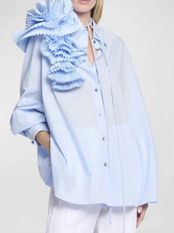 Asymmetric Buttoned Pleated Solid Color Split-Joint Three-Dimensional Flower Long Sleeves Loose Lapel Blouses&Shirts Tops