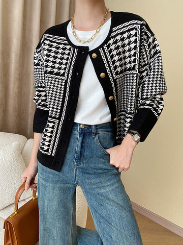 Long Sleeves Loose Contrast Color Houndstooth Split-Joint Round-Neck Cardigan Tops