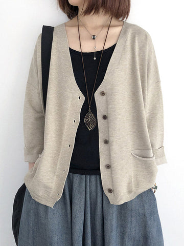 Artistic Retro Solid Color Buttoned V-Neck Long Sleeves Cardigan Top