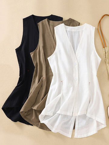 Buttoned Solid Color Loose Sleeveless V-neck Vest Top