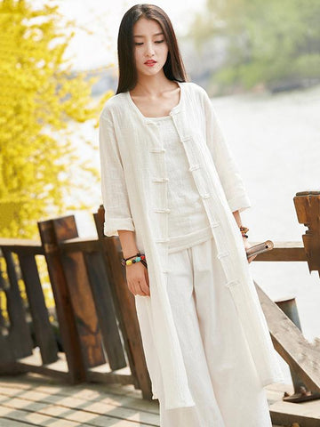 Soft White Frog Ramie Cotton Linen Outwear Cardigan