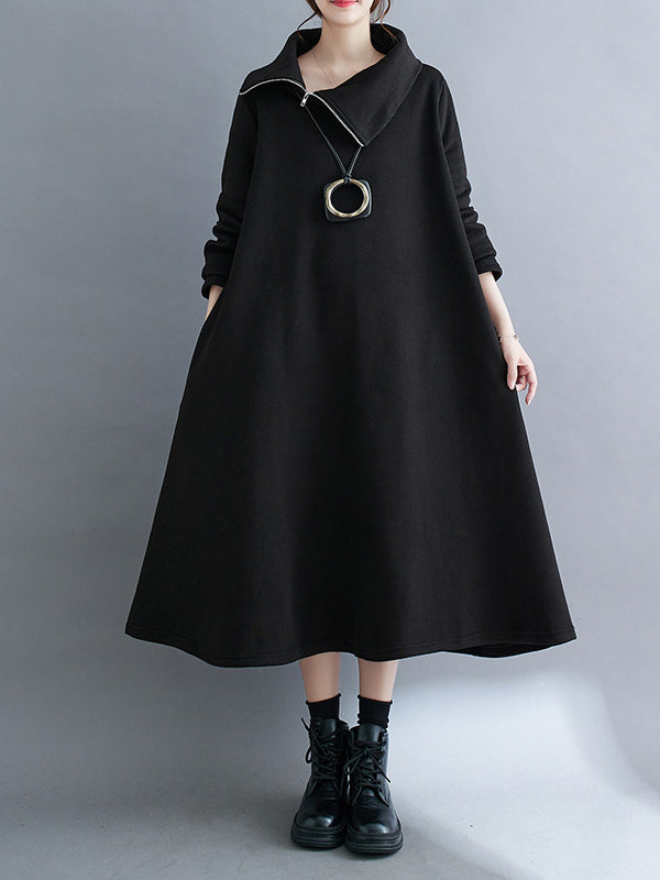 Asymmetric Solid Color Zipper A-Line Long Sleeves High Neck Midi Dresses