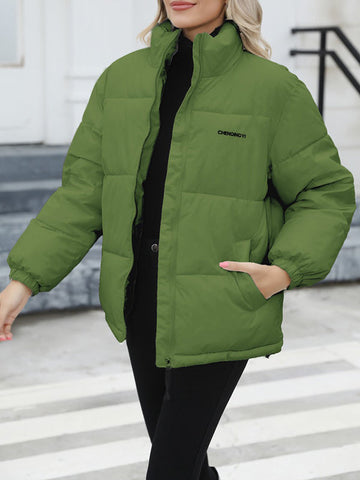 Keep Warm Quilted Solid Color Zipper Long Sleeves Loose High Neck Padded Coat