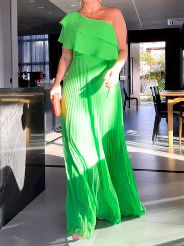 Asymmetric Plain Pleated Loose One-Shoulder Maxi Dresses