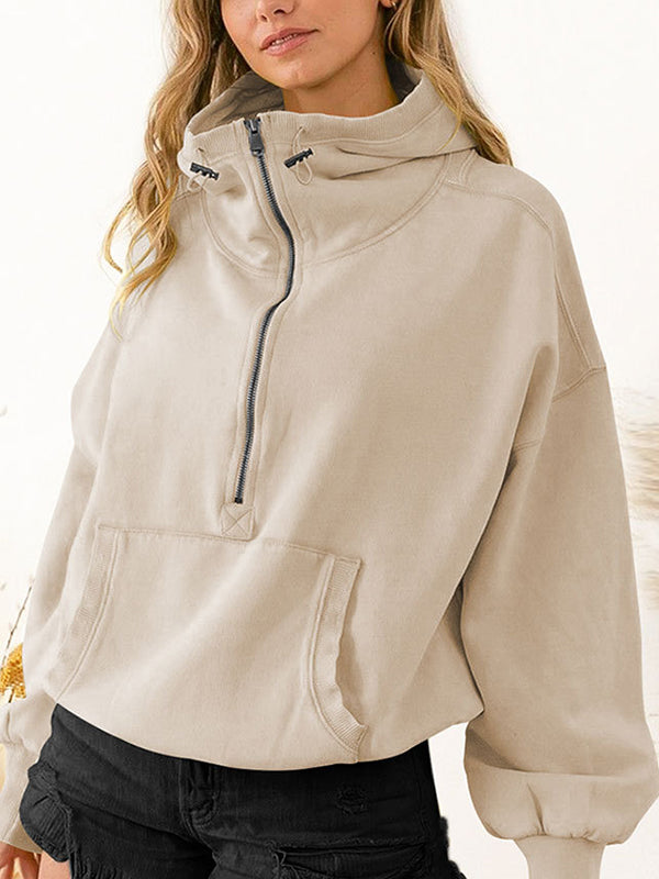 Drawstring Split-Joint Zipper Loose Puff Sleeves Hooded Hoodies Tops