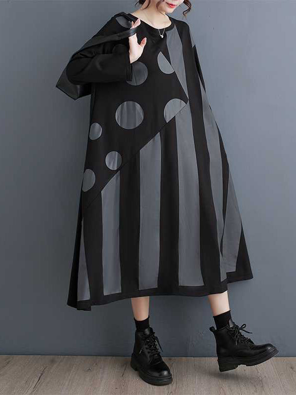 Asymmetric Polka-Dot Split-Joint Striped A-Line Long Sleeves Round-Neck Midi Dresses