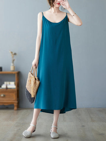 Solid Color Loose Sleeveless Spaghetti-Neck Midi Dresses