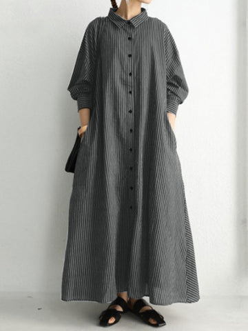 Buttoned Striped A-Line Long Sleeves Lapel Shirt Dress Maxi Dresses