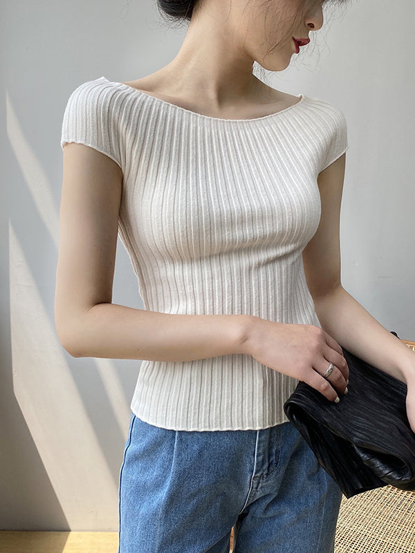 Solid Color Short Sleeves Skinny Boat Neck Sweater Pullovers Knitwear