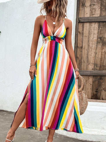 Contrast Color Striped Loose Sleeveless Spaghetti-Neck Midi Dresses