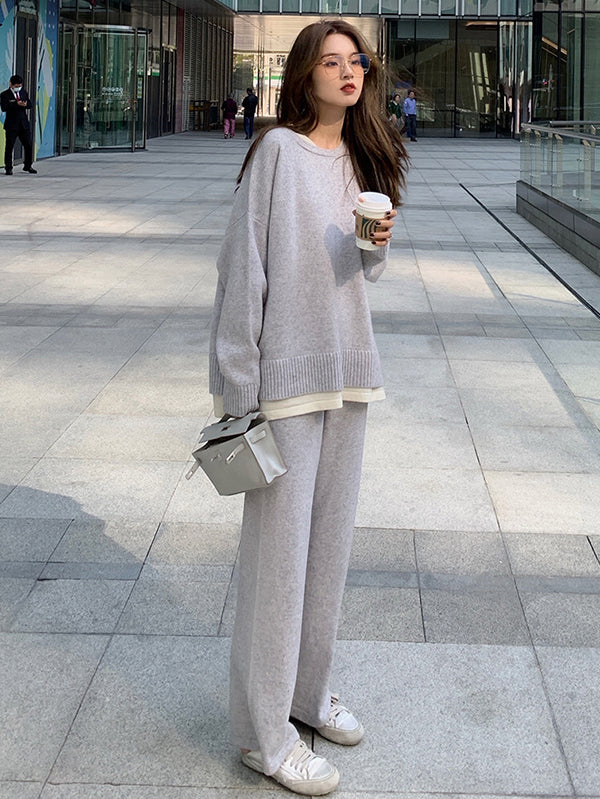 Casual Loose Solid Color Round-Neck Sweater Tops & Wide Leg Pants Suits