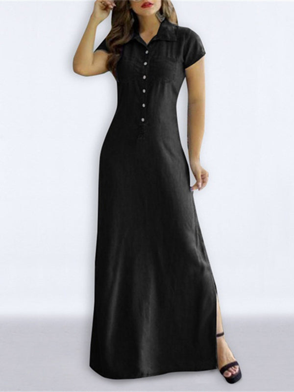 Buttoned Pockets Split-side High Waisted Plus Size Lapel Maxi Dresses