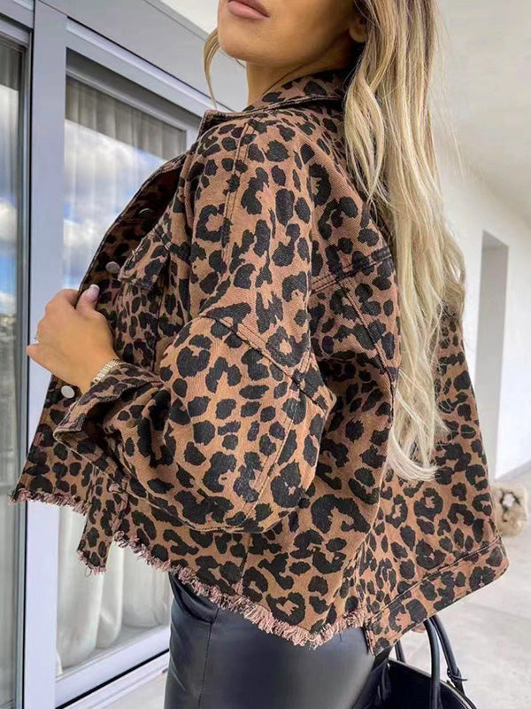 Buttoned Fringed Leopard Pockets Long Sleeves Loose Lapel Outerwear