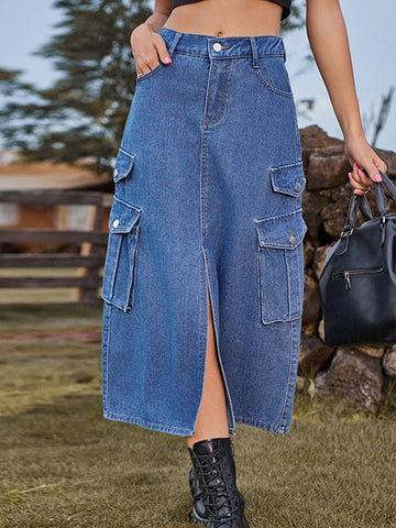 Pockets Split-Front Split-Joint A-Line Loose Denim Skirts