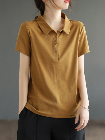 Buttoned Solid Color Short Sleeves Polo T-Shirts Tops