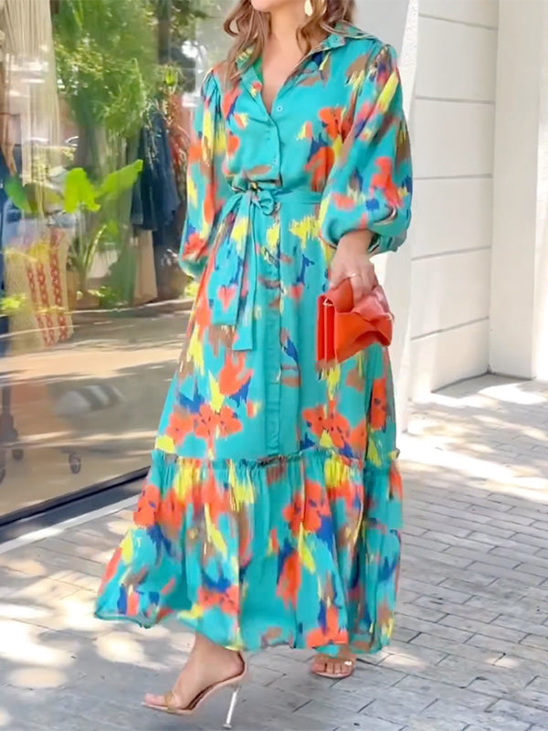 Printed Long Sleeves Loose Lapel Collar Maxi Dresses