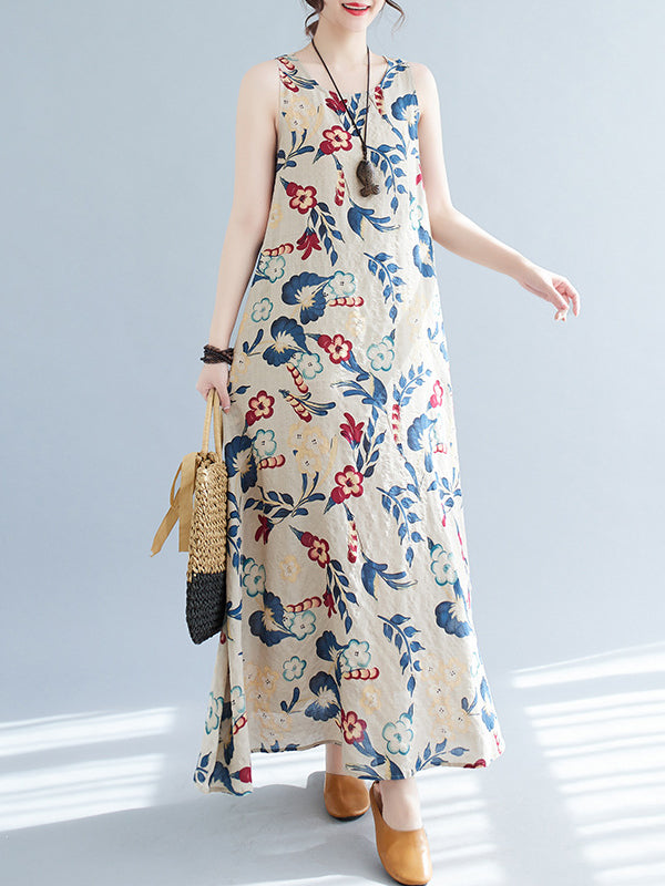 Floral Printed Loose Sleeveless Round-Neck Maxi Dresses