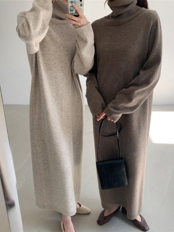 Casual Long Sleeves Loose Solid Color High-Neck Sweater Dresses