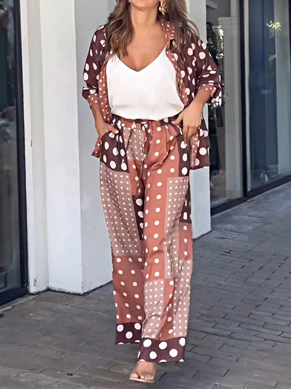 Long Sleeves Buttoned High-Low Polka-Dot Lapel Shirts Top + Drawstring Elasticity Pants Bottom Two Pieces Set