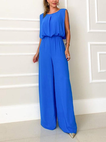 Backless Hollow Solid Color High-Low Wide Leg Round-Neck Jumpsuits Bottoms