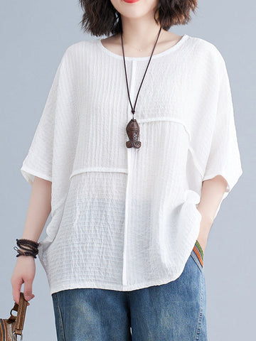 Solid Color Split-Joint Batwing Sleeves Loose Round-neck T-Shirts Tops