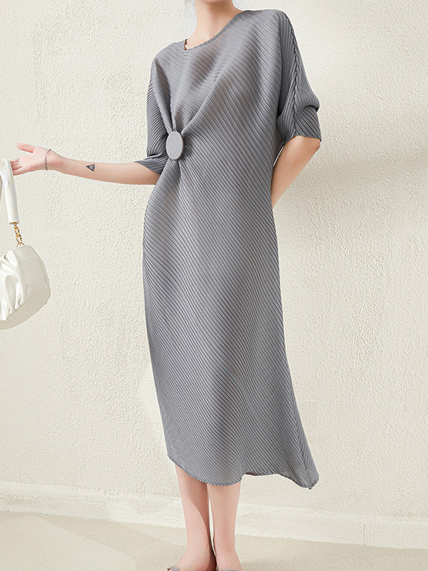 Stylish Irregularity Loose Pleated Solid Color Round-Neck Midi Dresses