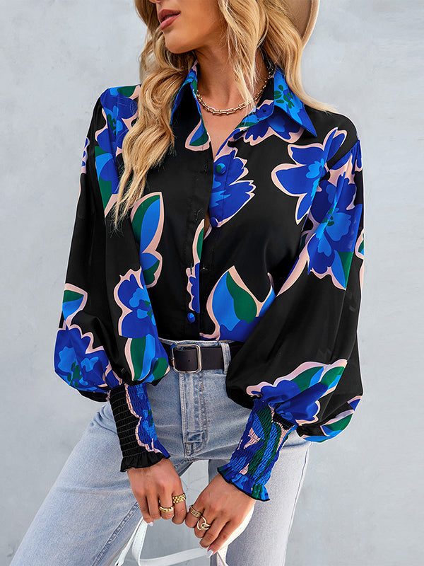 Buttoned Elasticity Flower Print Long Sleeves Loose Lapel Blouses&Shirts Tops