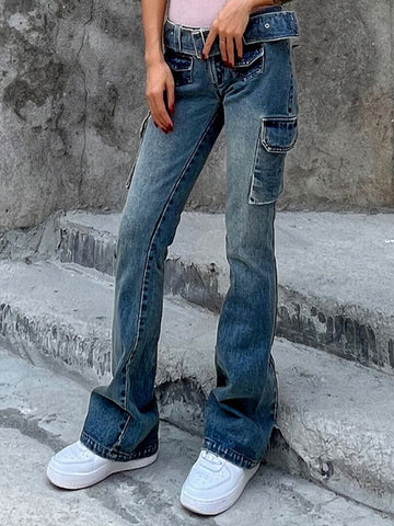 Stylish Multi-Pocket High-Waisted Split-Joint Jean Pants