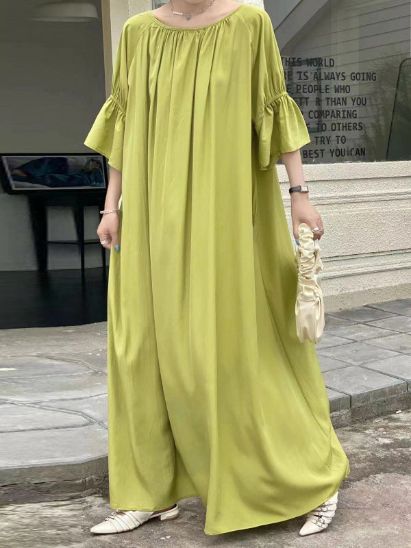 Solid Color Half Sleeves Loose Round-Neck Midi Dresses